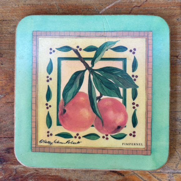 Set of 5 Vintage Pimpernel Fruit Theme Teal Border Cork Back Coasters 4 1/8” - Picture 2 of 8